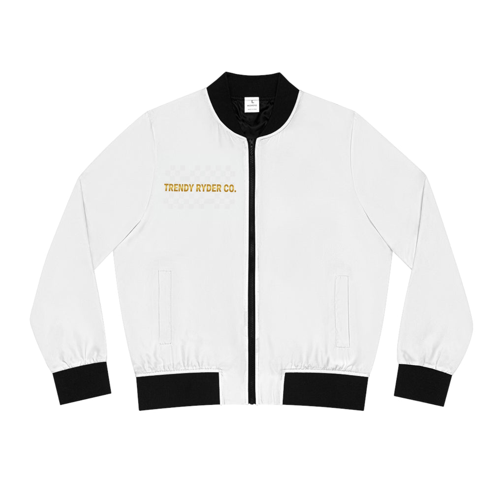 Women's Bomber Jacket - 'Trendy Ryder Co.' Embroidered White Bomber