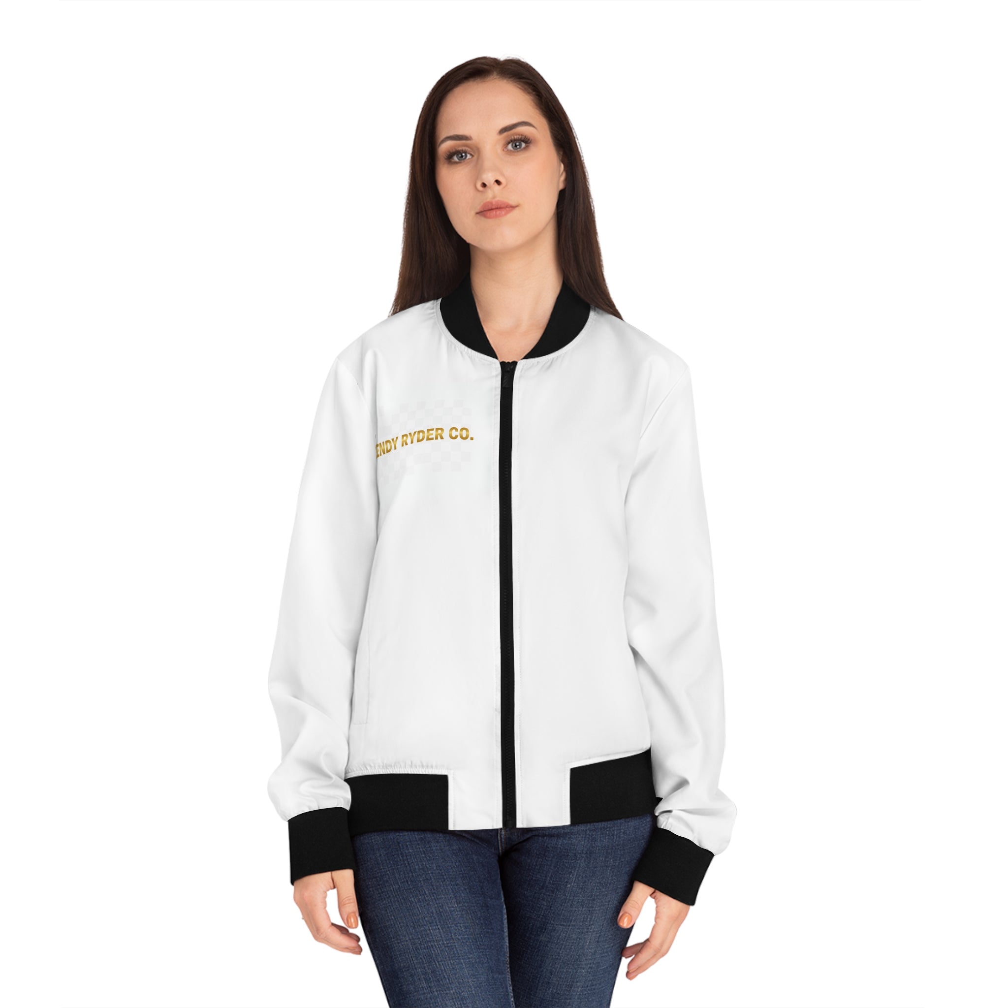 Women's Bomber Jacket - 'Trendy Ryder Co.' Embroidered White Bomber