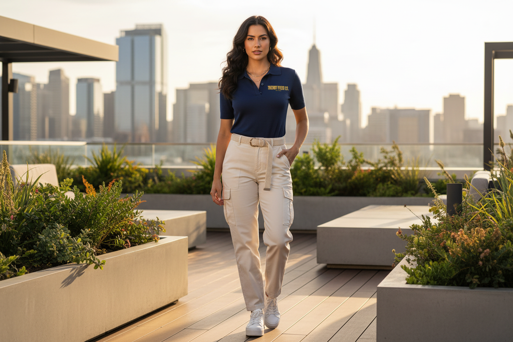 Woman wearing Women's Polo Shirt - Trendy Ryder Co.